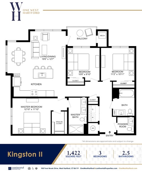 Floor plan for 3 beds, 2.5 baths, 1422 sqft